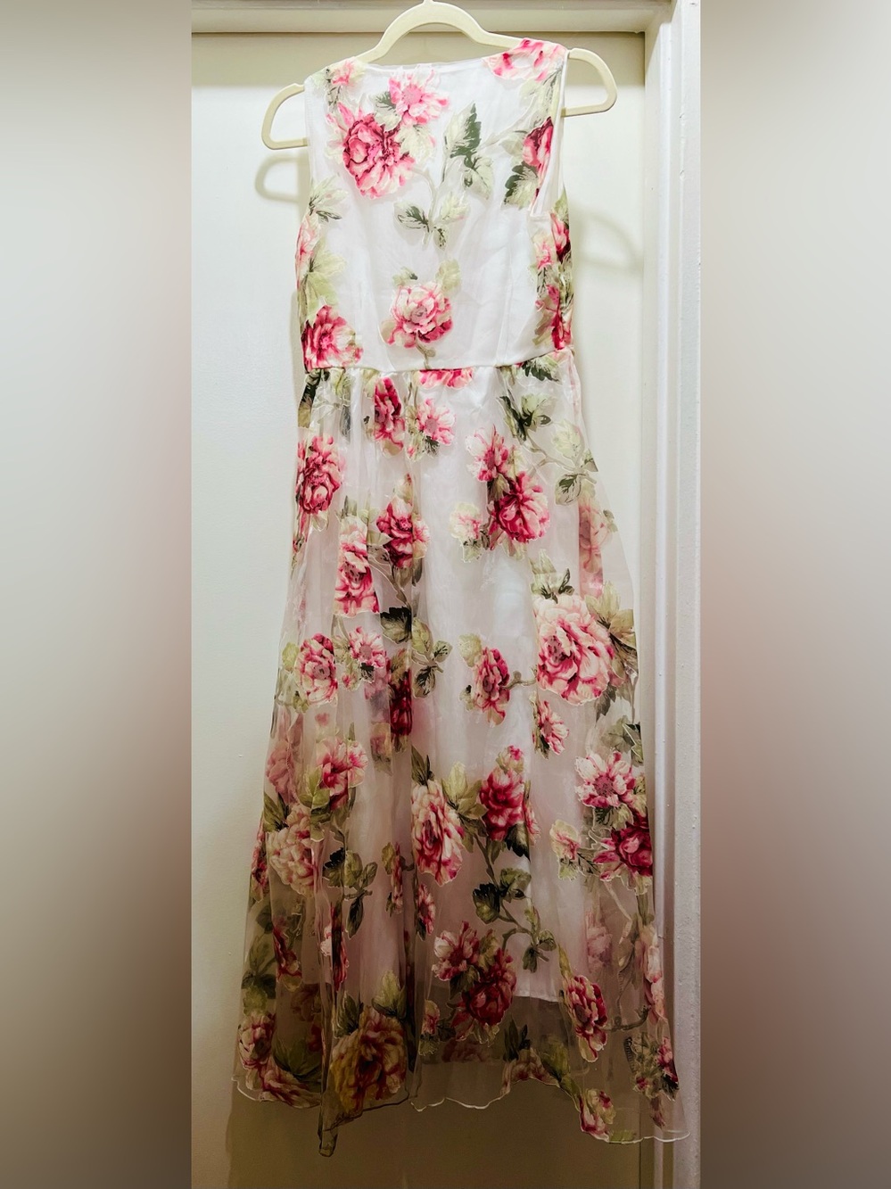 Floral White and Pink Rose Print A-Line Maxi Dress